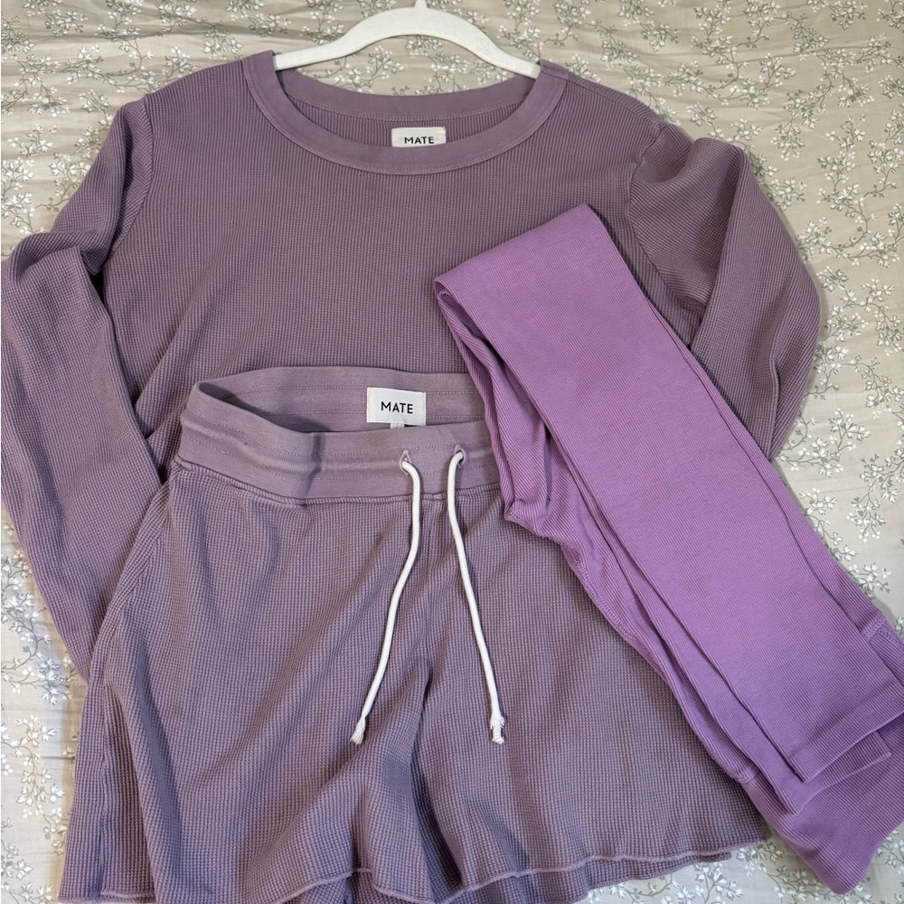 MATE the Label Lavender Waffle Knit Loungewear Set & Pact ribbed leggings.
